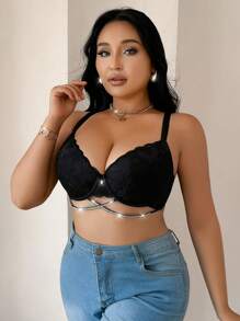 1 件浪漫蕾丝交叉前钢圈胸罩，大码女士内衣