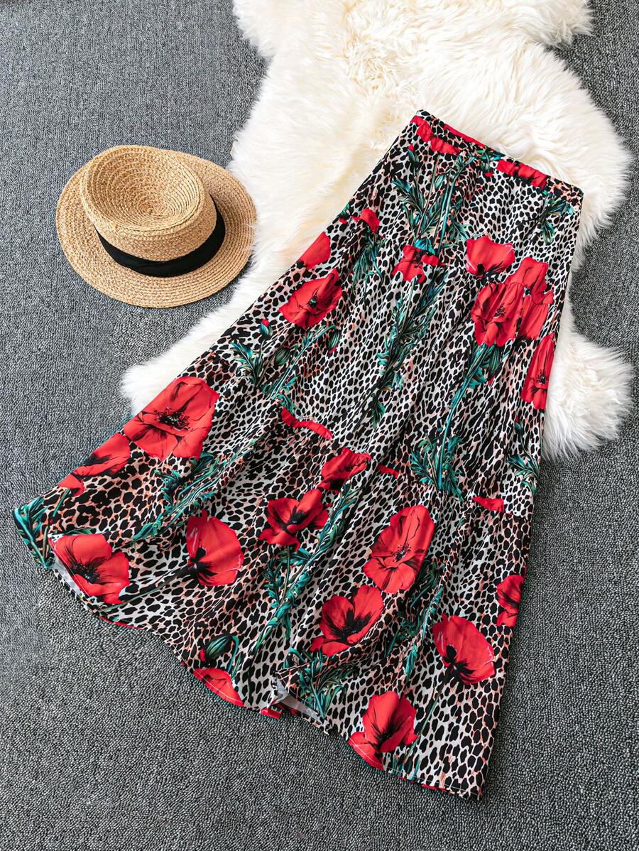 SHEIN Unity 大码花卉印花百褶裙，休闲海滩度假