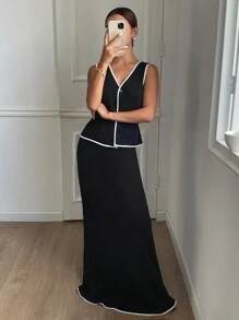 Siren Gaze 女士春夏优雅撞色边饰背心和超长裙两件套 - 黑色 - 查看 4