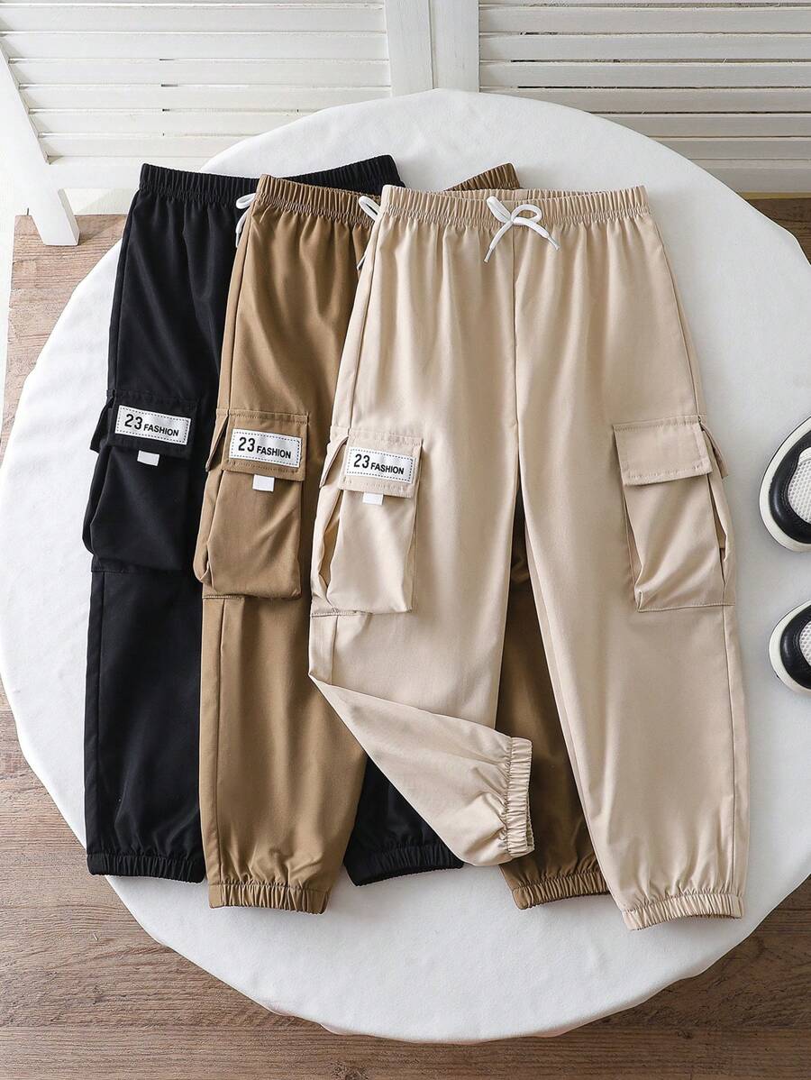 SHEIN Young Boy Casual Front Tie Pocket Solid Color Pants, Everyday Wear