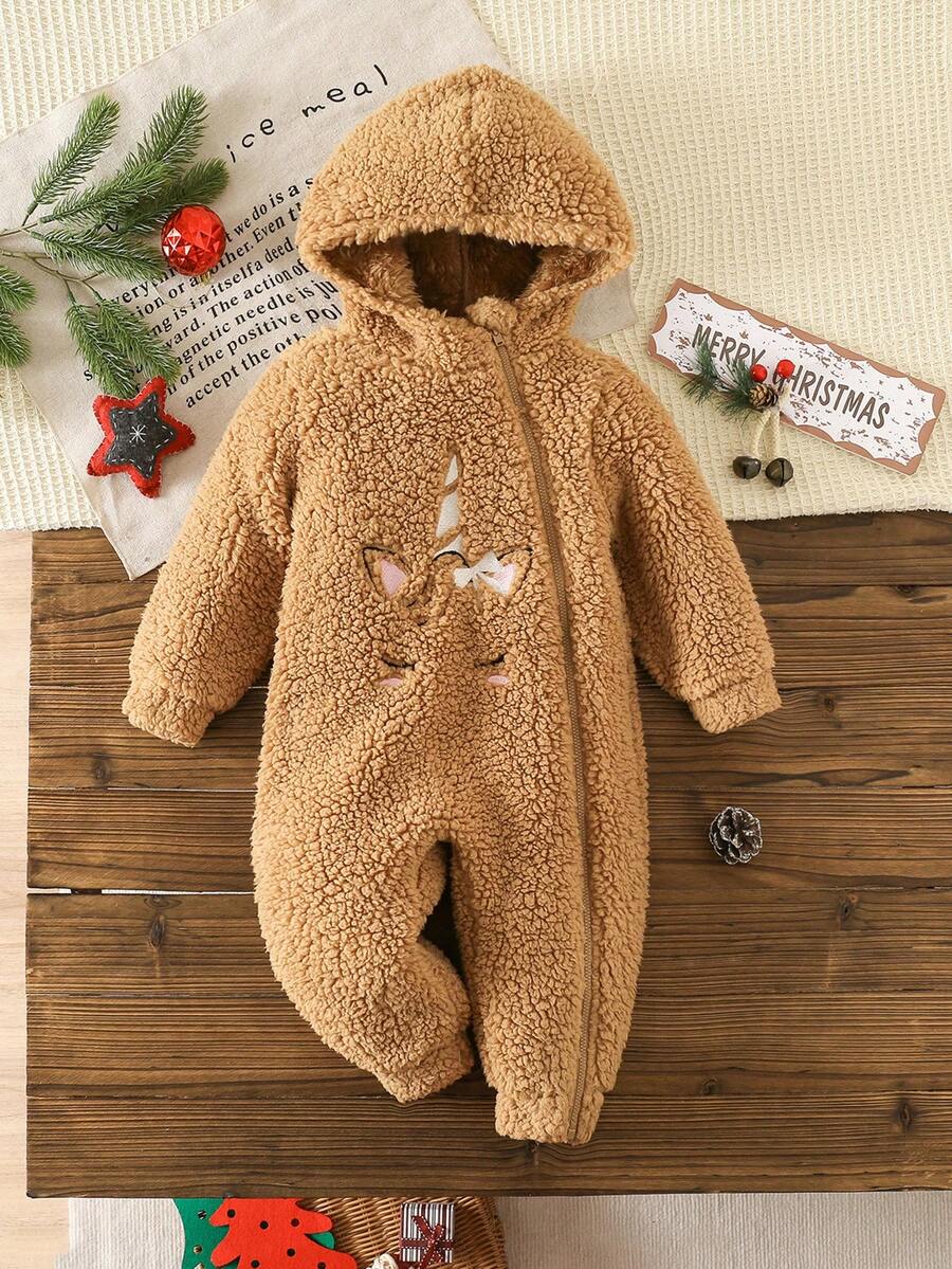 SHEIN 新生女婴可爱厚款羊羔绒连帽连体衣，卡其色卡通图案，适合秋冬季 - 棕色 - 查看 1