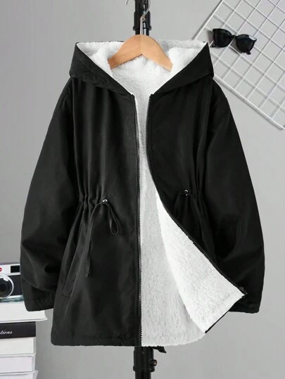 Tween Boy Casual Solid Color Drawstring Waist Thermal Lined Hoodie Jacket, Fall/Winter