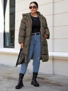 EURMUSE Plus Size Solid Color Hooded Padded Women's Coat, For Winter - Cadet Blue - View 4