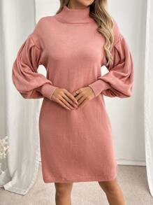 SHEIN LUNE 女士纯色高领灯笼袖宽松休闲毛衣连衣裙，秋冬 - 粉色 - 查看 3
