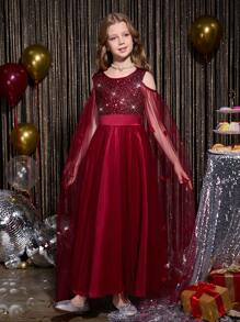 SHEIN Girls Sweet Floral Overlay Long Sleeve Dress With Bead & Sequin Decor, Suitable For Wedding, Party, Holiday Events - Burgundy - View 1