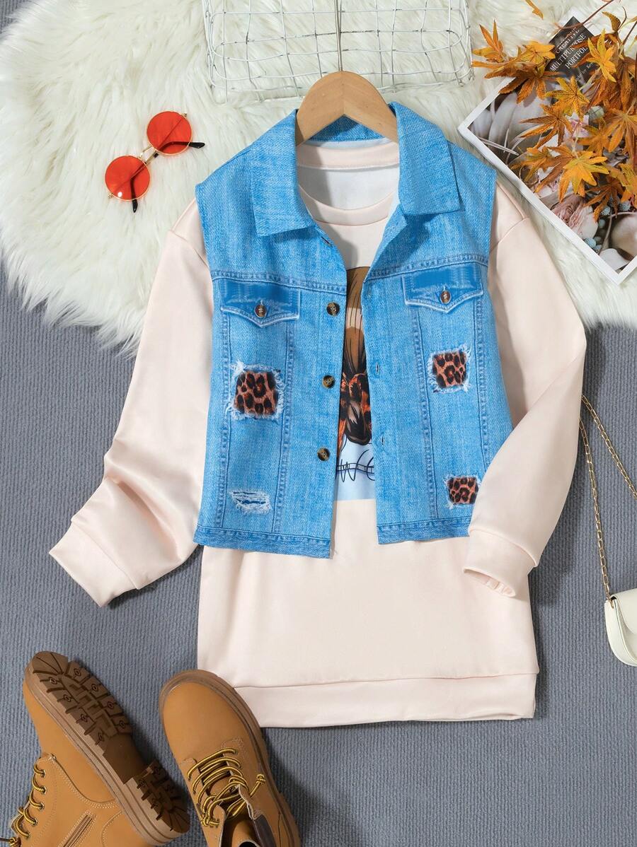 SHEIN Tween 女童两件套酷炫街头风格通勤休闲装豹纹背心搭配蝴蝶结和运动衫连衣裙 - 彩色 - 查看 1