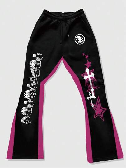 ROMWE Avant Pantalón de chándal acampanado con estampado retazos y color contrastante para hombre, para primavera y verano