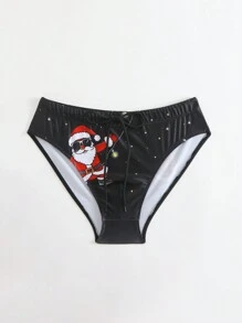 Men's Santa Claus Print Drawstring Swim Briefs, For Christmas