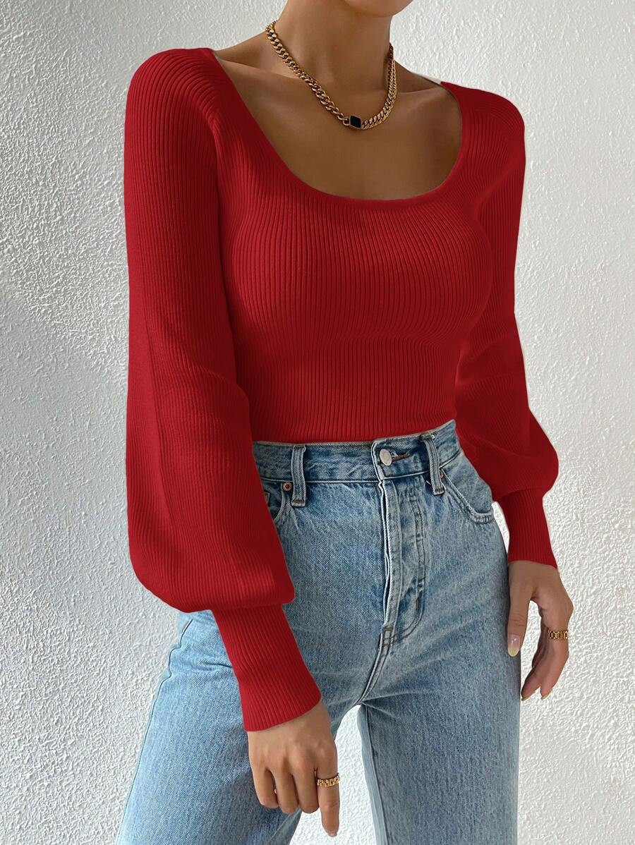 EURMUSE 女士纯色圆领灯笼袖优雅套头毛衣，适合秋冬季 - 紅色 - 查看 1