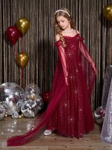 SHEIN 女童长款亮片连衣裙，细肩带，露肩，泡泡袖，适合婚礼、正式活动、生日派对、万圣节、圣诞节、复活节和其他节日 - 藍色 - 查看 4