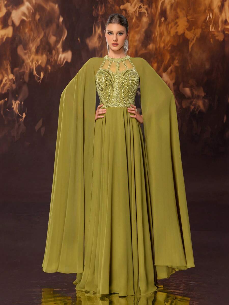 YISIKADO 奢华亮片串珠雪纺夸张袖子骨干正式晚礼服婚礼宾客晚宴宴会女士连衣裙