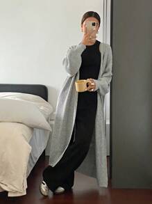 Siren Gaze Solid Grå Drop Shoulder Långärmad Lös Lång Casual Varm Lång Cardigan Tröja För Höst Och Vinter,Grå Casual Outfit,Business Casual Kvinnor,Vinterkläder,Vinter Kvinnor Tröja ,Höst Kvinnor Outfits,Dam Tröjor,Hemkomst,Lång cardigan Tröja,Solid Open Löst stickad kofta fram, Casual långärmad lång tröja, dam Kläder, långärmade toppar - Grå - Visa 5