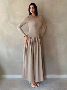 SHEIN Tall Elegant Flounce Hem Long Sleeve Dress For Spring & Autumn - Coffee - View 4