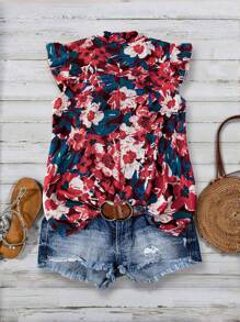 SHEIN Clasi Plus Size Front Tie Floral Allover Print Casual Blouse - Burgundy - View 2