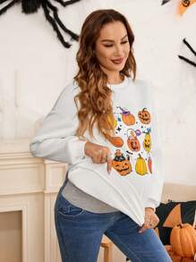 SHEIN Maternity Pumpkin Pattern Round Neck Sweatshirt Long Sleeve, Autumn, For Winter - White - View 7