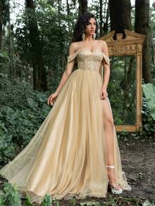 Faeriesty Off-Shoulder Abendkleid mit Rückenteil-Schnürung, elegantes Abendkleid für Hochzeitsgäste, für Graduierung, Dinner