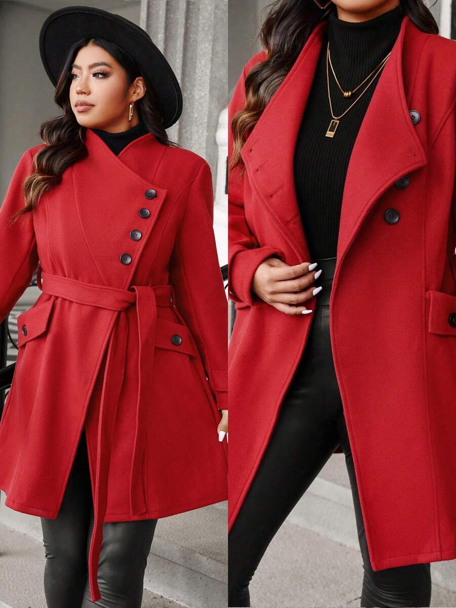 SHEIN Unity 大码女式冬季纯色单排扣长袖口袋优雅大衣 - 紅色 - 查看 1