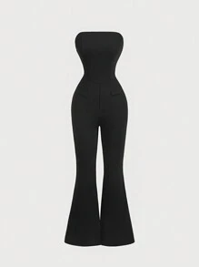 SHEIN MOD Mono negro sin tirantes acampanado para mujer, ropa de mujer de otoño, ropa de mujer de negocios, atuendo de mujer para el aeropuerto, disfraz de Catwoman, mono de boda, atuendo de mujer - Negro - Ver 1