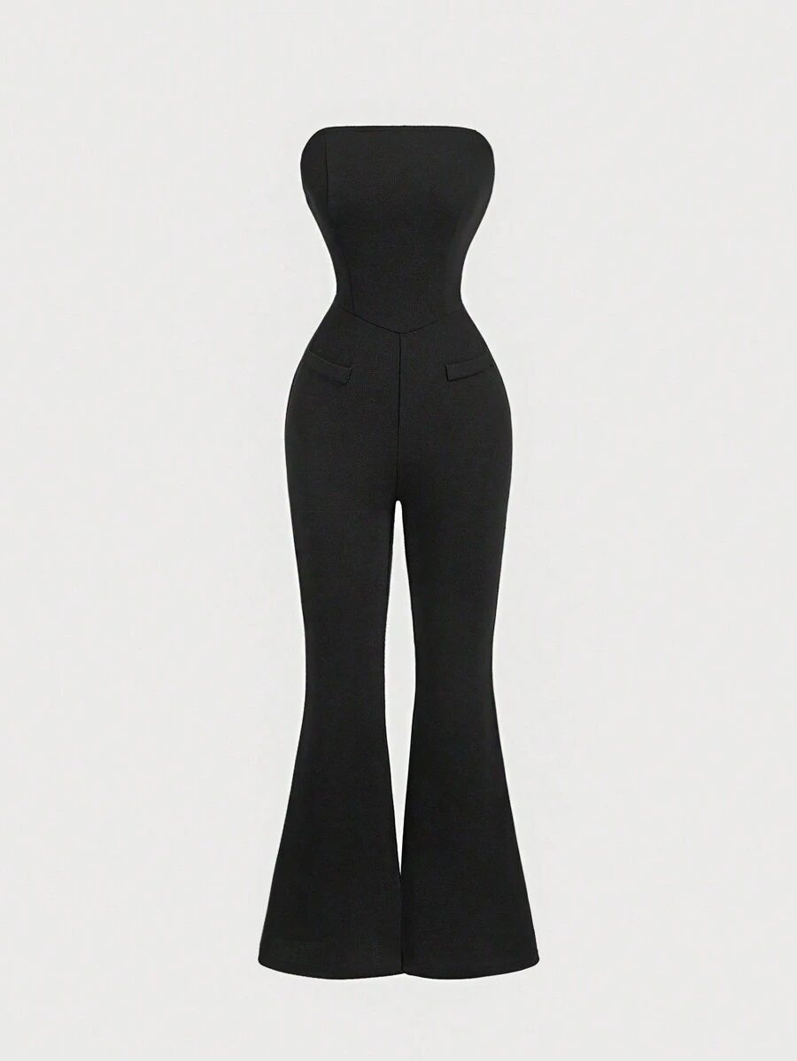SHEIN MOD Mono negro sin tirantes acampanado para mujer, ropa de mujer de otoño, ropa de mujer de negocios, atuendo de mujer para el aeropuerto, disfraz de Catwoman, mono de boda, atuendo de mujer - Negro - Ver 1