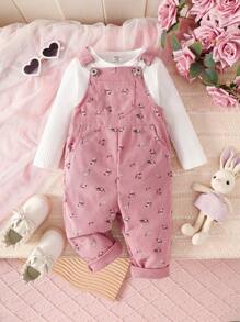SHEIN Vintaside Kids Baby Mädchen 2-teiliges Set aus Cord-Hose mit Blumen-Trägern, süß