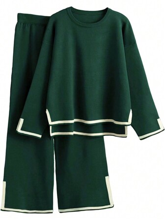 2 件套女士休闲撞色针织毛衣和裤子套装，秋冬