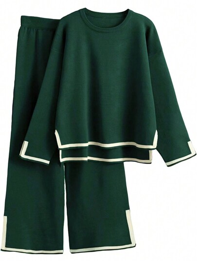 2 pezzi Set Donna casual maglione lavorato a maglia e pantaloni a contrasto di colore, autunno/inverno
