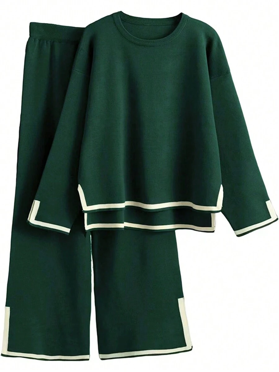 GAOVOT Women's Sweater Two Pieces Simple Loose Casual Color Contrast Round Neck Long Sleeve Sweater And Loose Wide Leg Straight Pant Suit - Green - View 1
