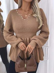 SHEIN Clasi Women's Solid Color V-Neck Faux Pearl Decor Drop Shoulder Long Sleeve Sweater, Autumn/Winter Knit Pullover Fall Outfit