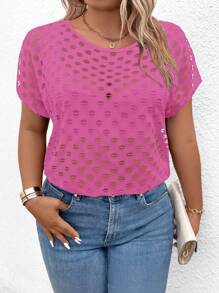SHEIN LUNE Plus Size Women's Solid Color Round Neck Loose Casual Hollow-Out Short Sleeve Top, Summer