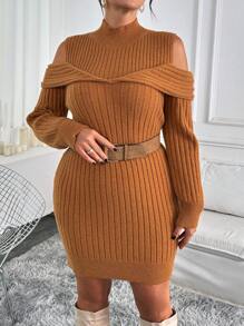 SHEIN Clasi Plus Size Women Camel Open Shoulder 2 In 1 Lantern Sleeve Elegant Casual Thanksgiving Warm Sweater Dress
