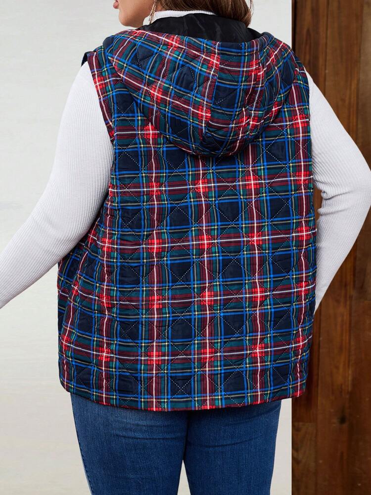Plus Size Women Plaid Print Sleeveless Casual Padded Coat