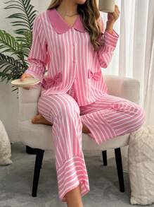 SweetSlumber Contrast Stripe Single Breasted Long Sleeve Top & Pants Women Pajama Set, Fall Winter Clothes Cozy And Elegant Details - Multicolor - View 4