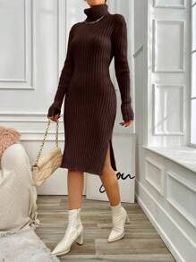 EURMUSE Women's Turtleneck Ribbed Sweater Dress - Brown - View 5