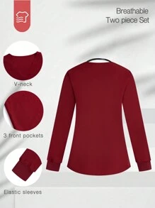 TaskEZ Burgundy Red Women's Solid Long Sleeve Scrub Top Elastic Double Pocket V Neck Top, Women's V Neck Scrub Top, Women's Short Sleeve V Neck Nurse Uniform With 3 Pockets Summer Soft And Elastic Printed Scrub Top, Christmas Clothing