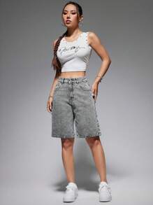 SHEIN EZwear Quần short denim tối giản có túi nút phía trước dành cho nữ, mặc thường ngày - Màu Xám nhạt - Xem 3