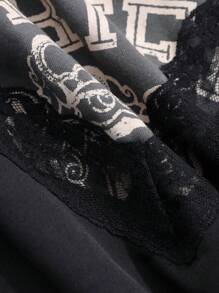 FRIFUL Women's Spring Summer Black Crown & Letter Print Loose 2 In 1 Long Sleeve Casual Lace T-Shirt