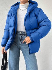 EURMUSE 女士冬季纯色连帽棉服大衣 - 藍色 - 查看 4