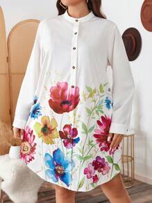 SHEIN LUNE 加大码花卉印花前开领长袖连衣裙圣诞女装圣诞连衣裙节日装节日派对连衣裙加大码 - 彩色 - 查看 3