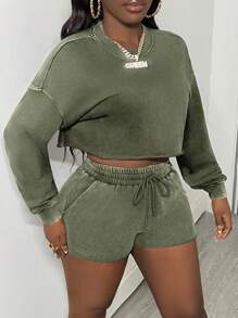 Slaydiva Bộ đồ hai mảnh giản dị đơn giản phong cách cơ bản cổ tròn tay dài cắt ngắn rộng rãi vai trễ tay bồng gấu rộng quần short mini áo nỉ dệt kim thủ công giặt tuyết dành cho nữ - H - màu xanh lá - Xem 4