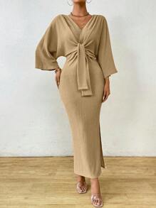 Celisse Robe élégante pour femmes, couleur unie, col en V, manches chauve-souris, ceinturée avec fente latérale, pour le printemps et l'été