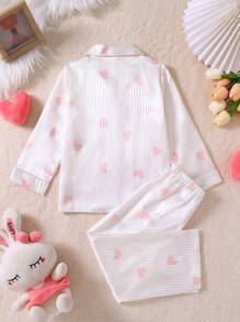 2 件装少女粉色心形缎纹提花撞色长袖上衣和裤子舒适家居服睡衣套装 - 紅白色 - 查看 2