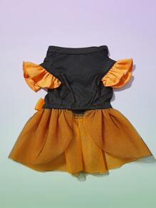 PETSIN 1pc Pet Halloween Funny Expression Print Dress Pumpkin & Bow Decor Orange Black Mesh Cap Sleeve Dog Dress