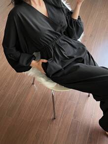 DAZY Waisted Lapel Puff Sleeve Elegant Jumpsuit Pajama - Black - View 7