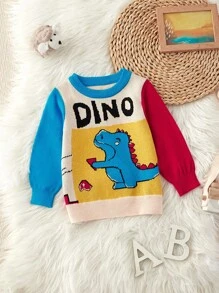 Baby Boy Cute Dinosaur Jacquard Pattern Sweater, Soft Warm Knitted Pullover For Casual Home Party, Round Neck Winter