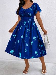 Flirla Đầm đi biển thường ngày in họa tiết hoa kỹ thuật số cỡ lớn cho nữ có dây rút ở eo - Màu xanh lam - Xem 1