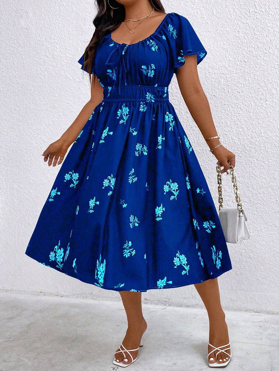 Flirla Đầm đi biển thường ngày in họa tiết hoa kỹ thuật số cỡ lớn cho nữ có dây rút ở eo - Màu xanh lam - Xem 1