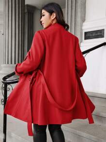 SHEIN Unity 大码女式冬季纯色单排扣长袖口袋优雅大衣 - 紅色 - 查看 2