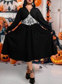 Flirla Plus Size V-Neck Long Sleeve Colorblock Design Elegant Casual Dress, Black Halloween Dress Fall Cloth For Women - Multicolor - View 7
