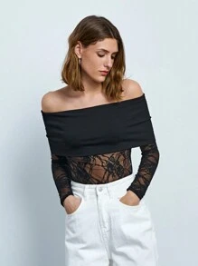 Maija Women's Elegant Black Off-Shoulder Contrast Lace Sheer T-Shirt, Autumn Valentine's Day Valentine Day Clothes