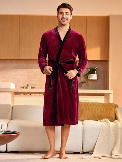 男士撞色长袖宽松休闲睡袍，适合秋冬季穿着